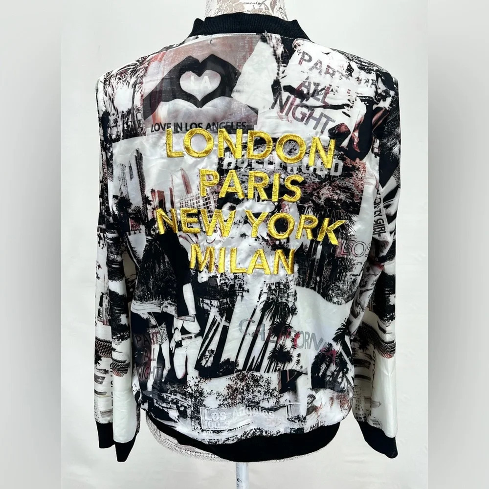 NYLON APPAREL Black and white‎ graphic print bomber jacket size M.